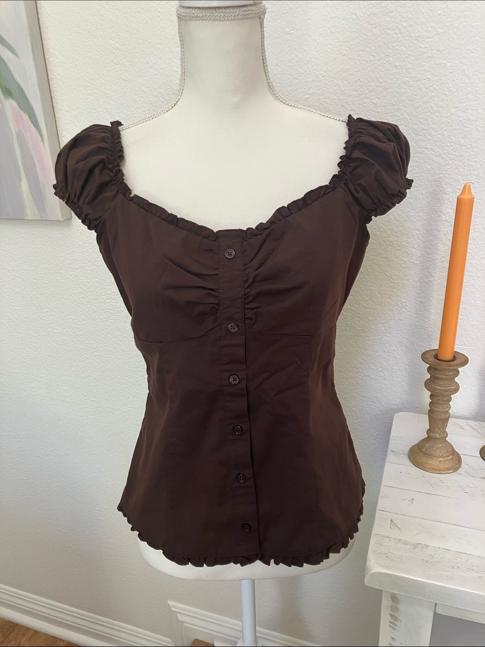 Hollister RARE FIND Chocolate Brown Ruched Button-Front Top